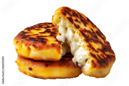 Ecuador Lapingachos fried potato patties stuffed with cheese and sprinkled herbs, isolated on white transparent background