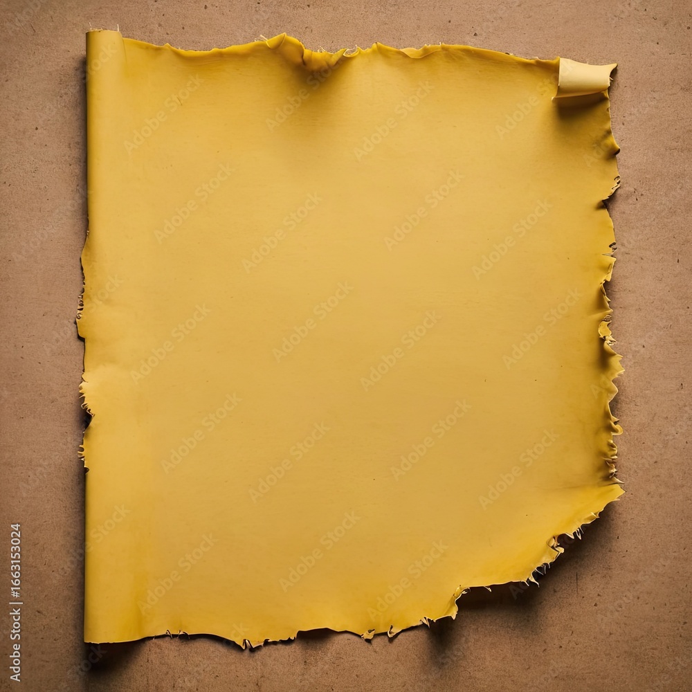 Fototapeta premium Fragment of torn yellow page with frayed side. Excellent for note-style compositions and rustic themes. The texture is rough and the shape is irregular. 1