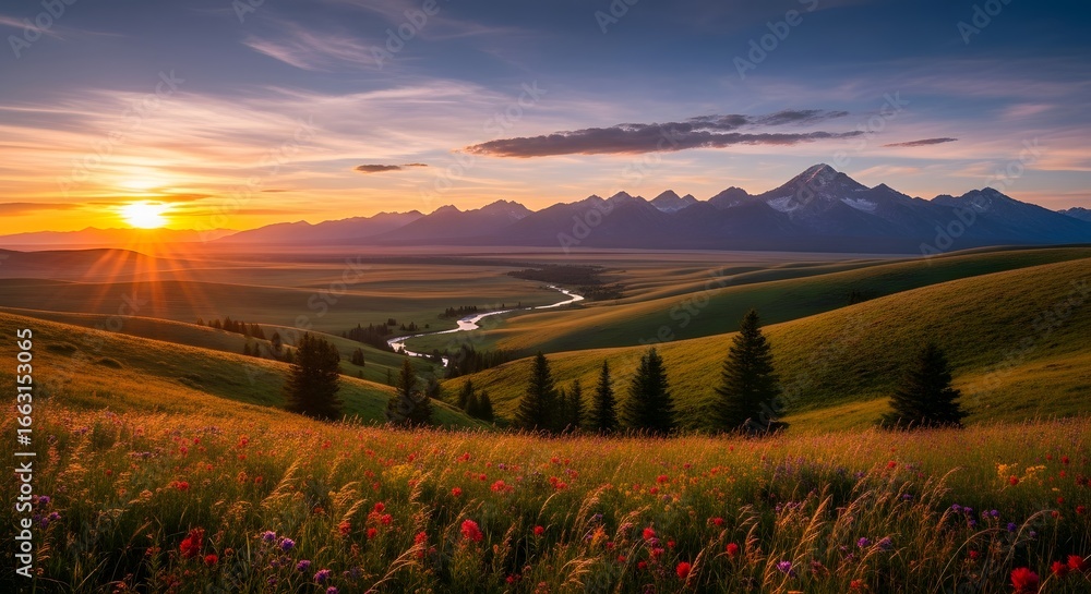 Fototapeta premium Vibrant sunset over rolling hills and distant mountains in the countryside