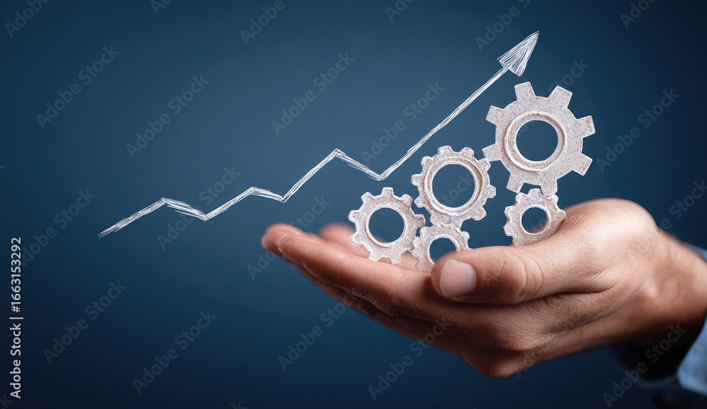 Fototapeta premium Upward trending graph with interlocking gears held in hands, symbolizing growth and teamwork