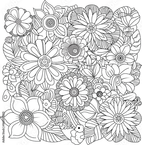 Detailed floral design with many flowers and leaves for coloring and decorative use white background