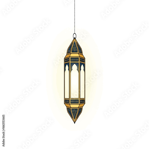 A traditional Islamic lantern with intricate geometric patterns, hanging from a chain.