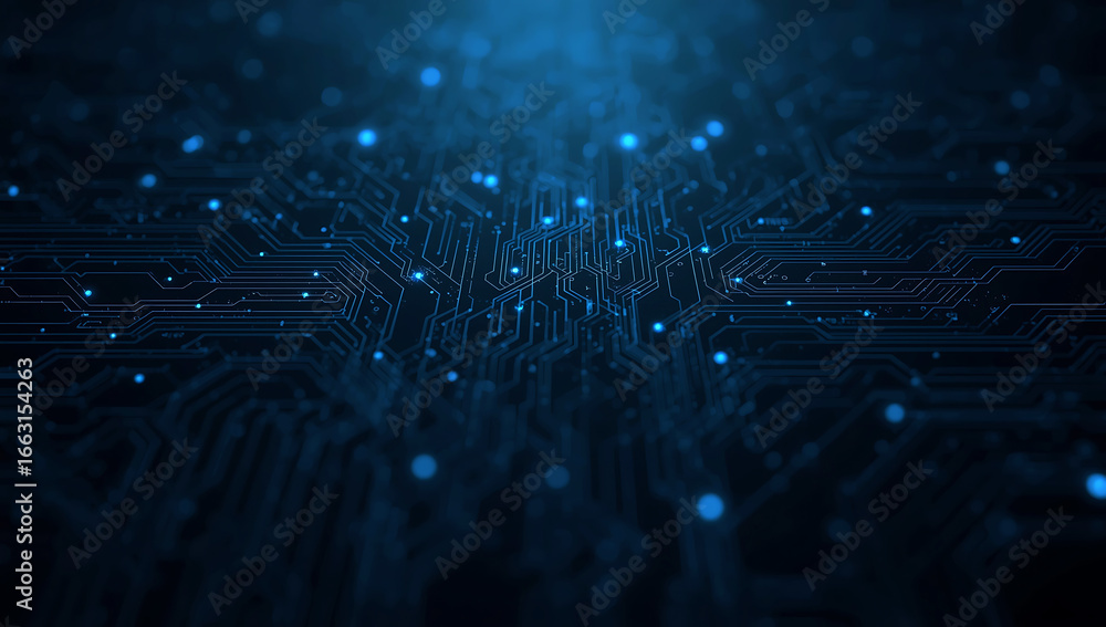 Obraz premium Abstract digital network with glowing blue particles and futuristic circuit board patterns in deep space