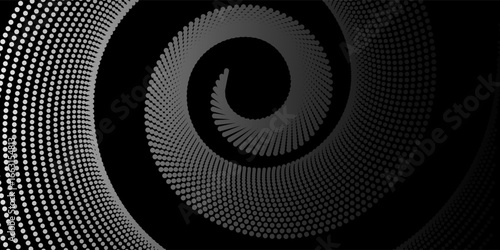 Abstract spiral pattern made of white dots on a black background. The dynamic, optical illusion effect creates depth and motion, perfect for modern design, posters or digital art projects.