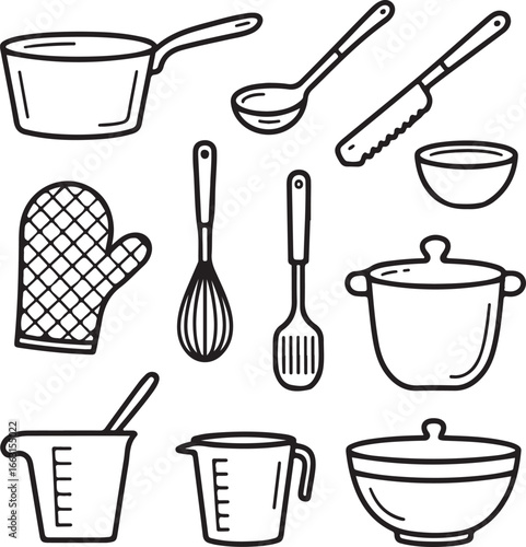 Hand-Drawn Culinary Icon Pack – Saucepan, Ladle, Whisk, Cutting Knife, Oven Mitt, Bowl, Measuring Cup, Cooking Utensils