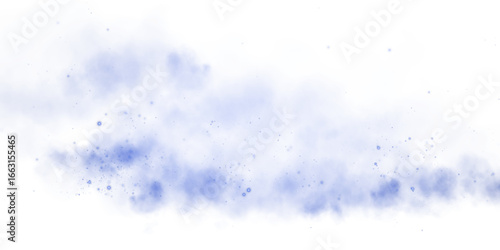 A soft blue dust cloud drifts through the air, illuminated by tiny glowing particles.
