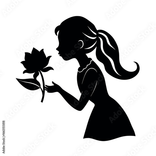Girl smelling flower enjoying nature scent Vector illustration