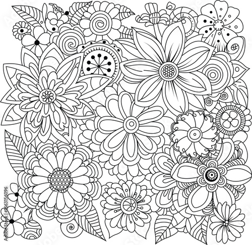 Intricate floral design coloring page for adults with detailed petals and leaves white background