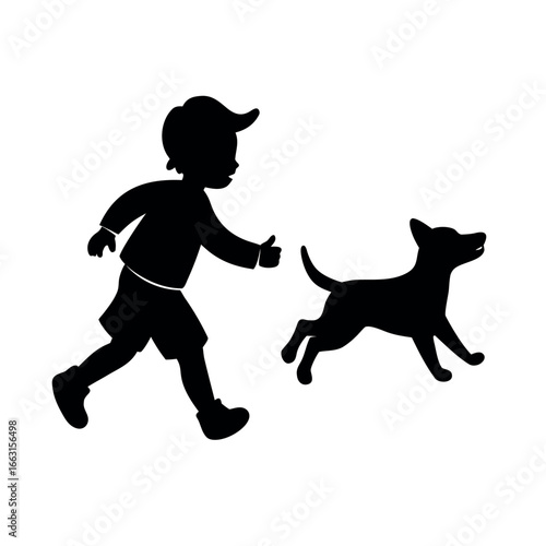 Little boy running happily with his dog companion Vector illustration