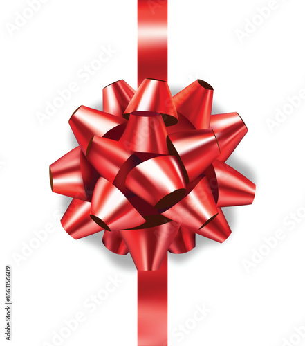 Realistic Red bow with ribbon on white background. Isolated Vector