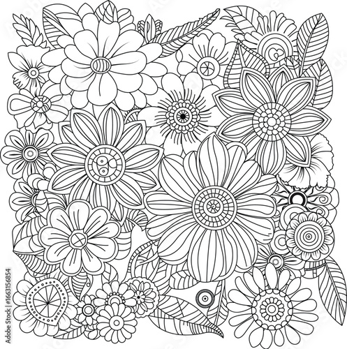 Intricate floral design coloring page with many detailed flowers and leaves white background