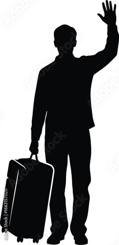 Silhouette of a man waving with luggage, , symbolizing travel, departure, and excitement of a new adventure or vacation