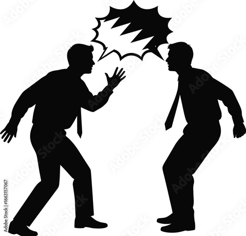 Silhouette of two businessmen arguing and yelling at each other, , depicting conflict, disagreement, and stress in workplace environment