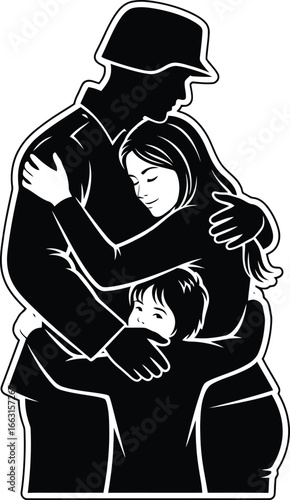 A silhouette illustration of a soldier hugging his family, symbolizing love, sacrifice, and protection