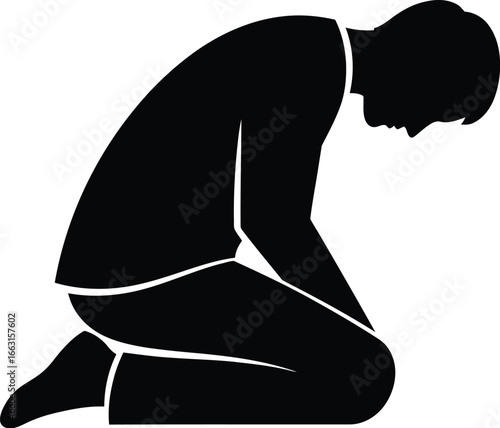 A man kneeling in silhouette, , conveying sadness, grief, sorrow, despair, depression, failure, loss, regret, remorse, shame, and guilt