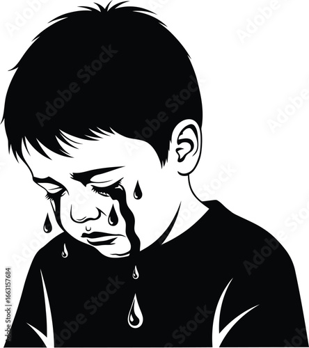 A silhouette of a crying boy, , conveying sadness, grief, sorrow, despair, depression, pain, suffering, loss, and disappointment