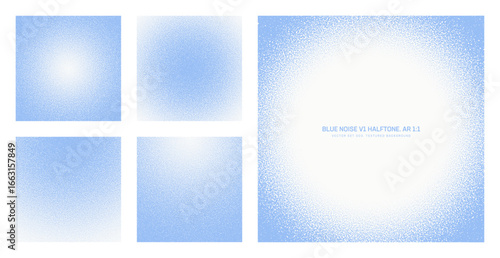 Assorted vector blue noise halftone pattern set in square 1:1 aspect ratio including round smooth blurred frame and various textures. Varied half tone grain texture universal design element collection