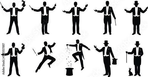 Magician silhouette set, stage illusionist poses, magic tricks, tuxedo costume, wand and rabbit, entertainment vector, theatrical character icons