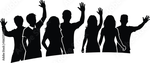 Silhouette of a diverse group of people waving their hands in a friendly greeting, , symbolizing unity, support, and community spirit