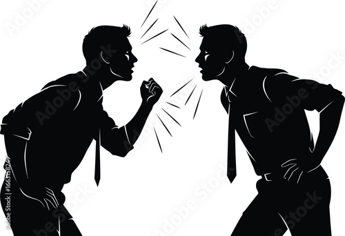Silhouette of two businessmen arguing, a conflict of interest and disagreement between colleagues in office, causing stress and frustration