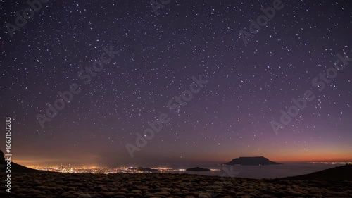 Starry Night Sky Above Cape Town at Twilight With Table Mountain Silhouetted Against the Horizon, Capturing the City Lights and Expansive Ocean View
