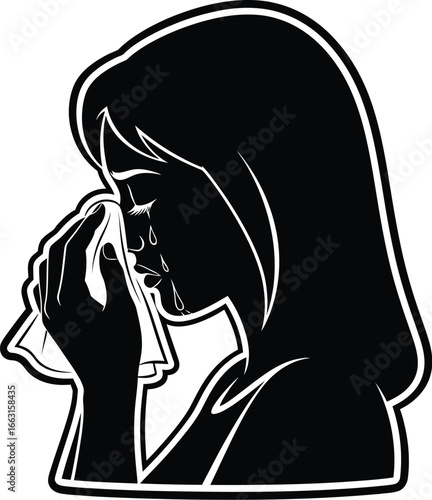 Silhouette of a sad woman crying and wiping her tears with a tissue, conveying feelings of sadness, depression, and loneliness