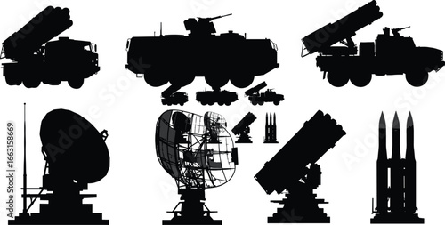 Military missile launcher silhouettes, radar system icons, air defense equipment, tactical vector set, warfare technology, black illustration, defense concept