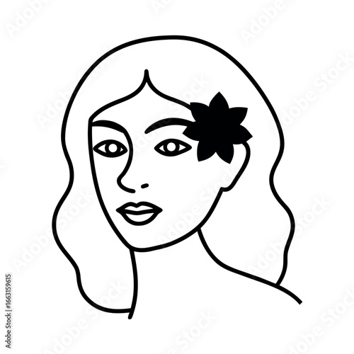 Woman face slightly turned holding single flower Vector illustration