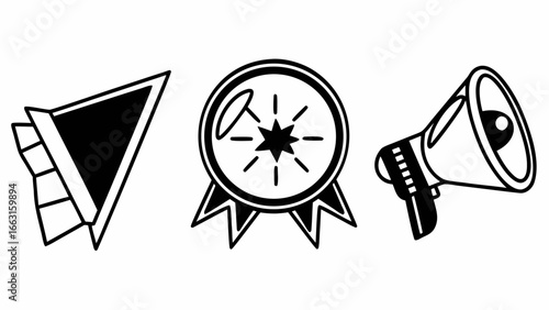 Illustration of a paper plane, award badge, and megaphone in black and white outline style