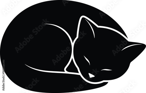 Adorable sleeping kitty curled up in cozy black silhouette design
