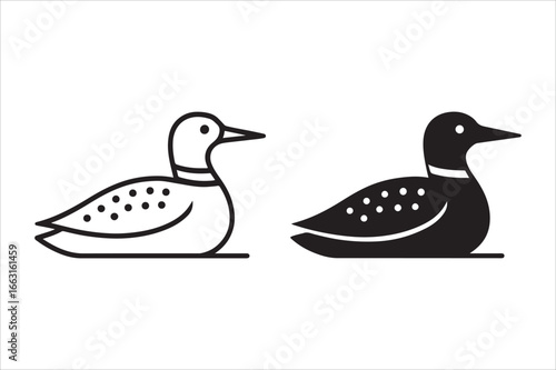 Duck Outline and Silhouette Icon on White Background bird