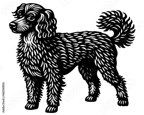 Poodle Standing Silhouette Linocut, Elegant Dog Vector Art