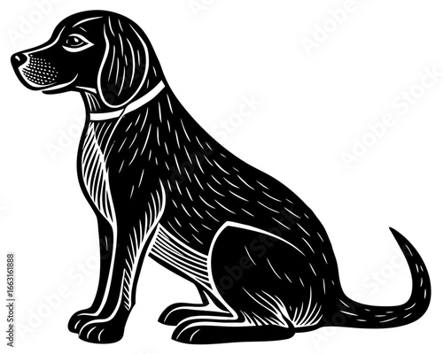 Beagle Sitting Silhouette Linocut, Cute Hunting Dog Vector Clipart