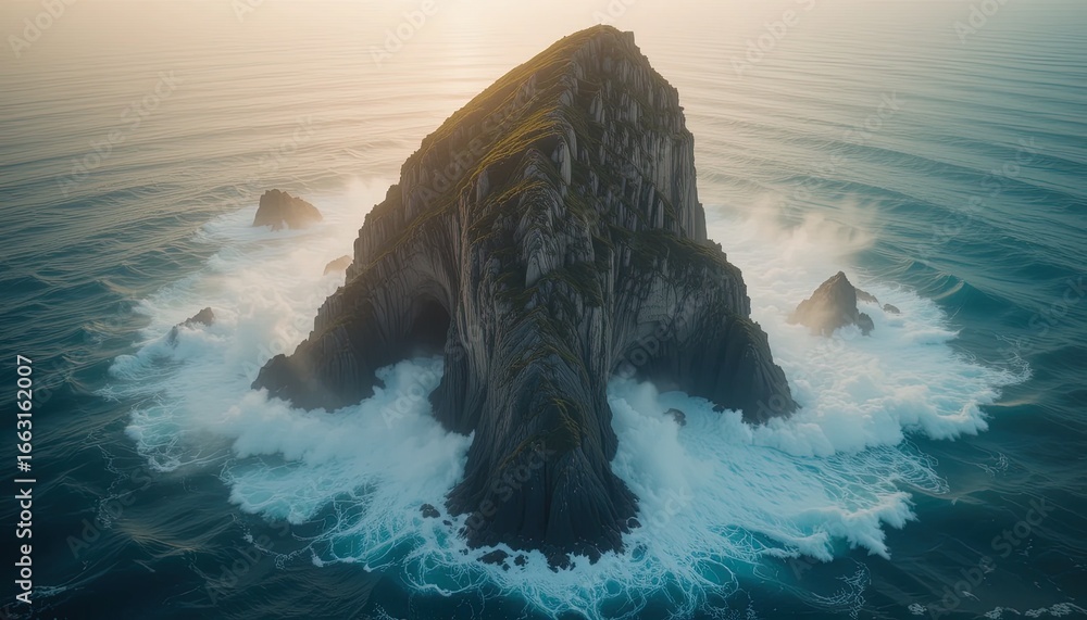 Obraz premium Dramatic waves crash against a solitary, rocky outcrop in a serene, sunlit ocean scene.