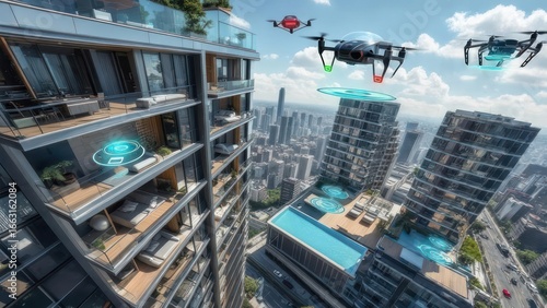 Futuristic city view with drones