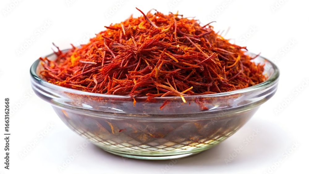 Fototapeta premium A closeup of dried saffron threads in a glass bowl, isolated on white background