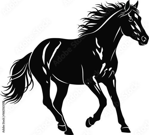 Elegant black horse running freely, ideal for equestrian designs