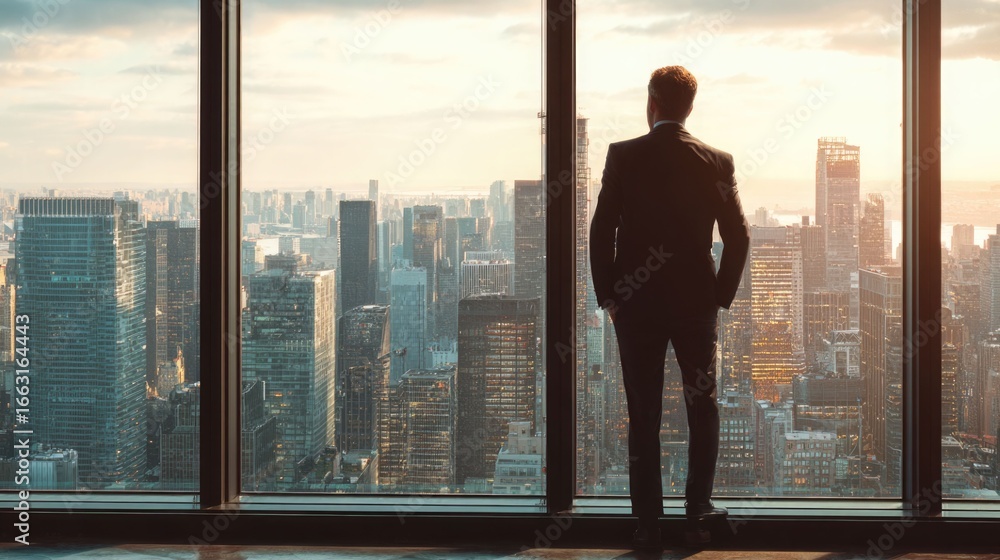 Fototapeta premium Confident business leader standing by window with city skyline, corporate leadership and success concept