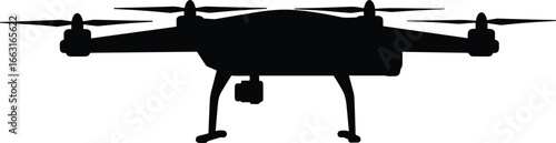 Quadcopter drone silhouette, aerial vehicle vector, four-rotor UAV icon, mounted camera, surveillance graphic, black drone, tech illustration
