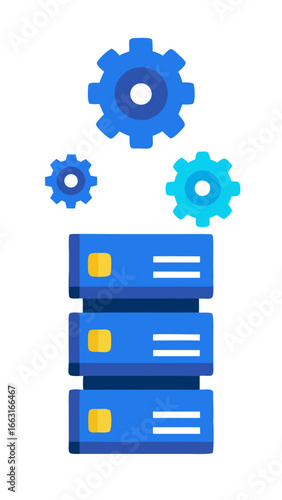 Blue server racks with interconnected gears symbolizing data processing and automation