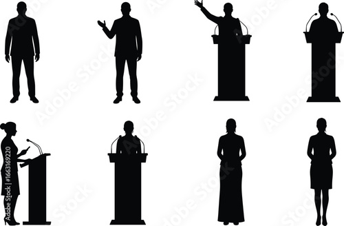 Speaker and presenter silhouettes, podium vector icons, public speaking poses, leadership illustration, professional stance, black figures, communication design