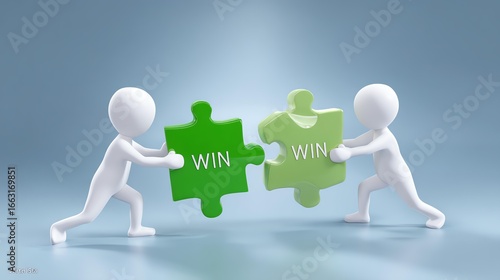 Teamwork Puzzle Solution: Two figures working together to fit puzzle pieces, highlighting collaborative success and shared goals.