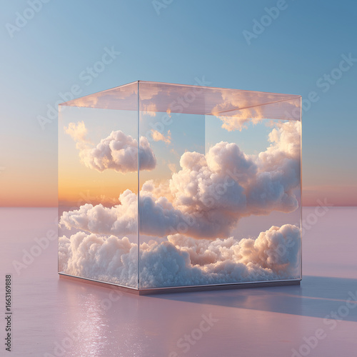 Glass cube filled with fluffy clouds against a sunset. Ideal for backgrounds, surreal concepts, dreamy designs, fantasy themes, and inspirational content.