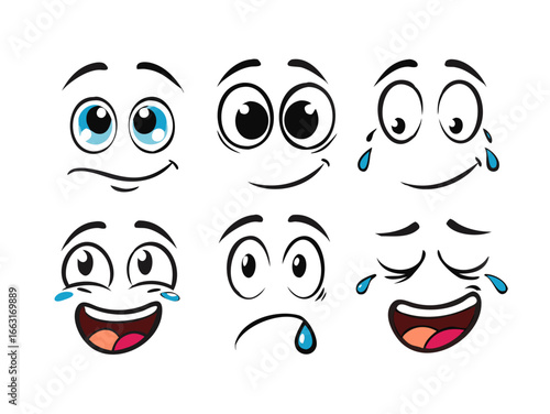 Cartoon faces. Expressive eyes and mouth, smiling, crying and surprised character face expressions. Caricature comic emotions or emoticon doodle. Isolated vector illustration icons set