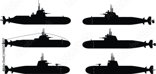 Submarine silhouette set, naval vessels, military transport, underwater icons, black vector, conning tower designs, periscope graphics, ocean defense