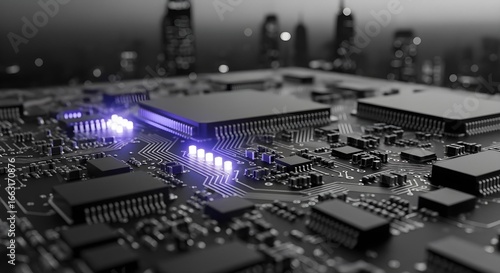 Close-up detail of a futuristic circuit board, glowing with a soft purple-blue light, set against a blurred futuristic city skyline at twilight.