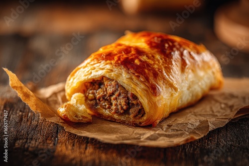 Golden, flaky pastry filled with savory meat filling on crinkled paper, wood background