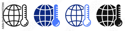 Vector icon or logo of globe with thermometer related to world climate change, weather forecast, environmental issues. Symbol for website or app UI, logo design, illustration