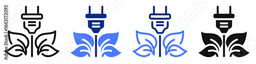 Vector icon or logo of plug socket with leaves related to green and renewable energy, environmental issues. Symbol for website or app UI, logo design, illustration