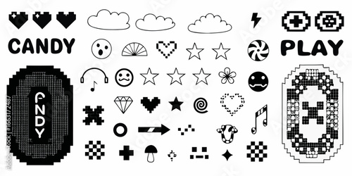 Assorted Black and White Pixel Art and Icons graphic
